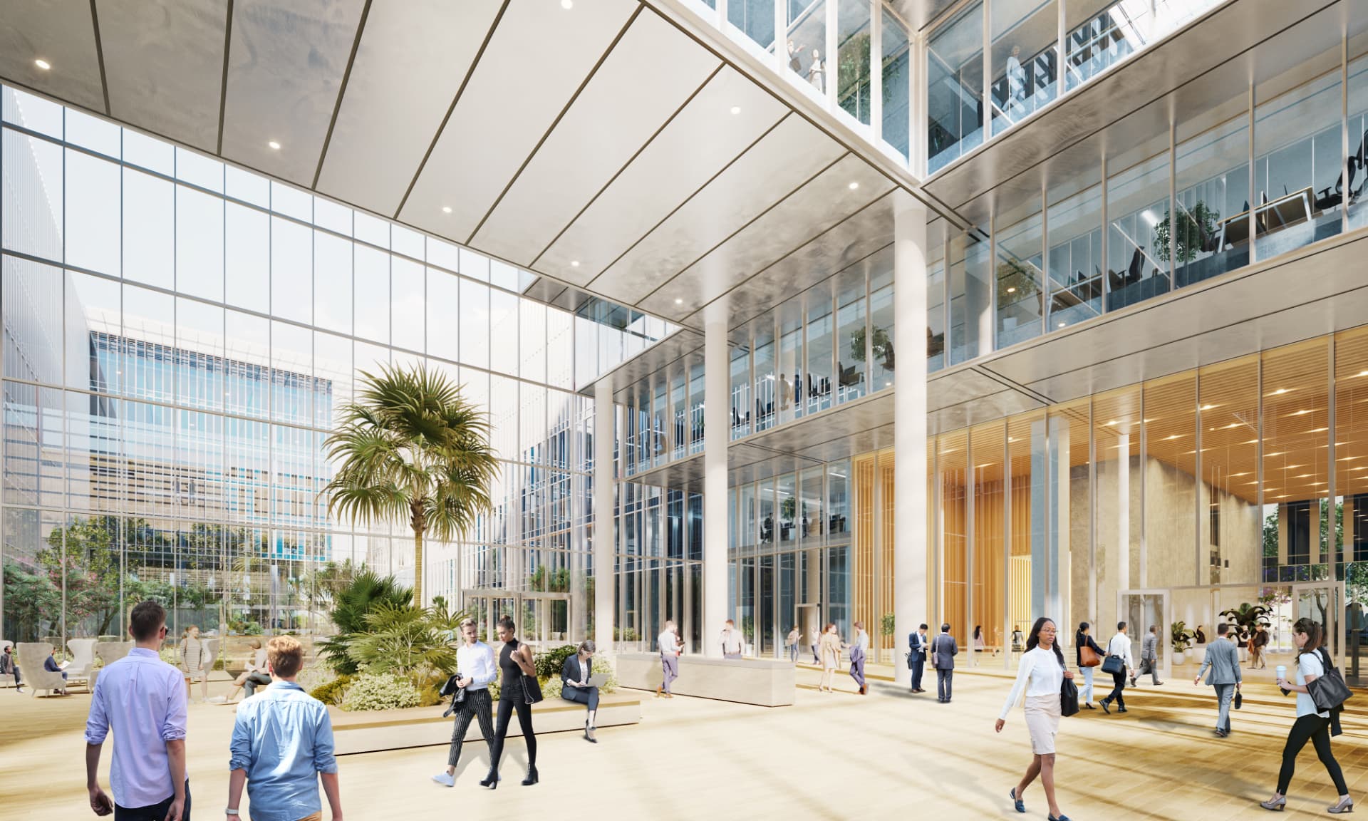Gateway District Offices, Aerocity — New Delhi, India: Gateway District Offices, Aerocity Delhi — daylit atrium with planting and seating