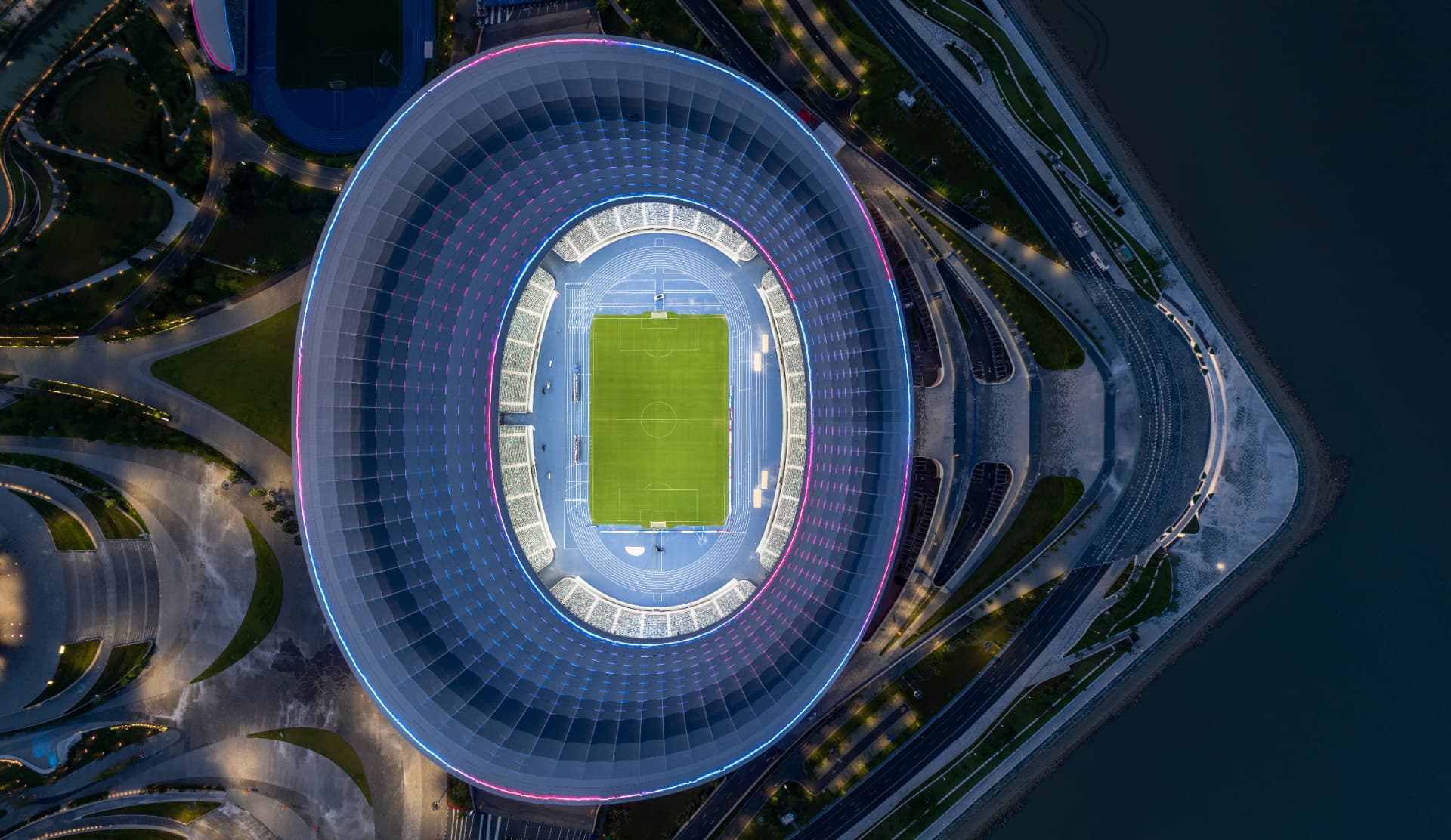 Nan Sha Stadium — Guangzhou, China: Nan Sha Stadium, Guangzhou — top-down view of the fan-shaped roof and pitch
