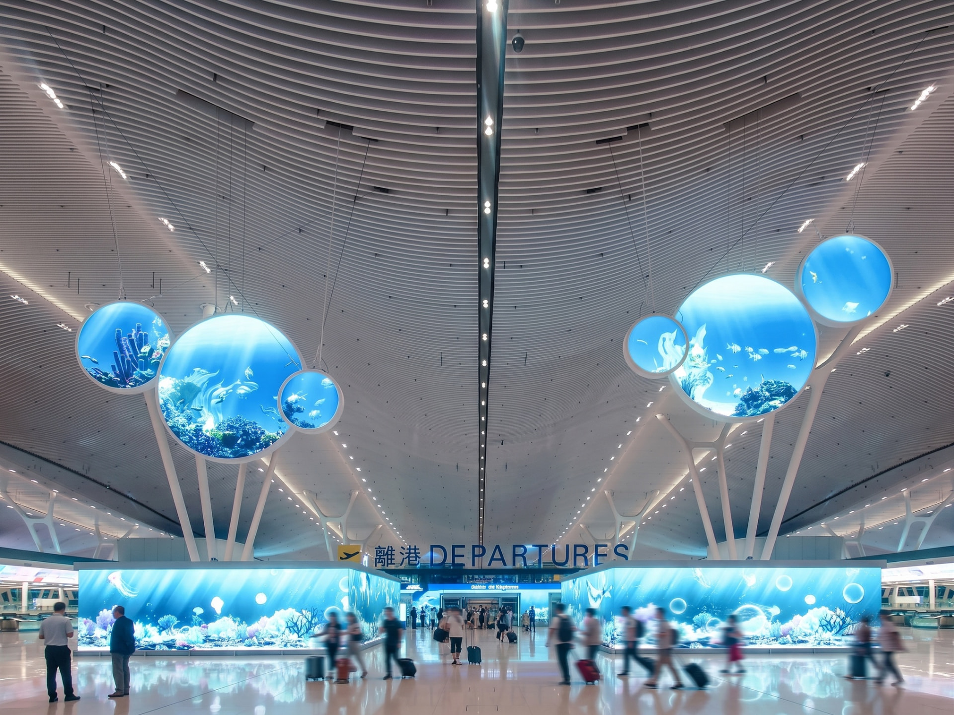 Hong Kong International Airport – Terminal 2 — Hong Kong: Hong Kong International Airport Terminal 2 — departures hall with illuminated media discs, Lichtvision lighting design