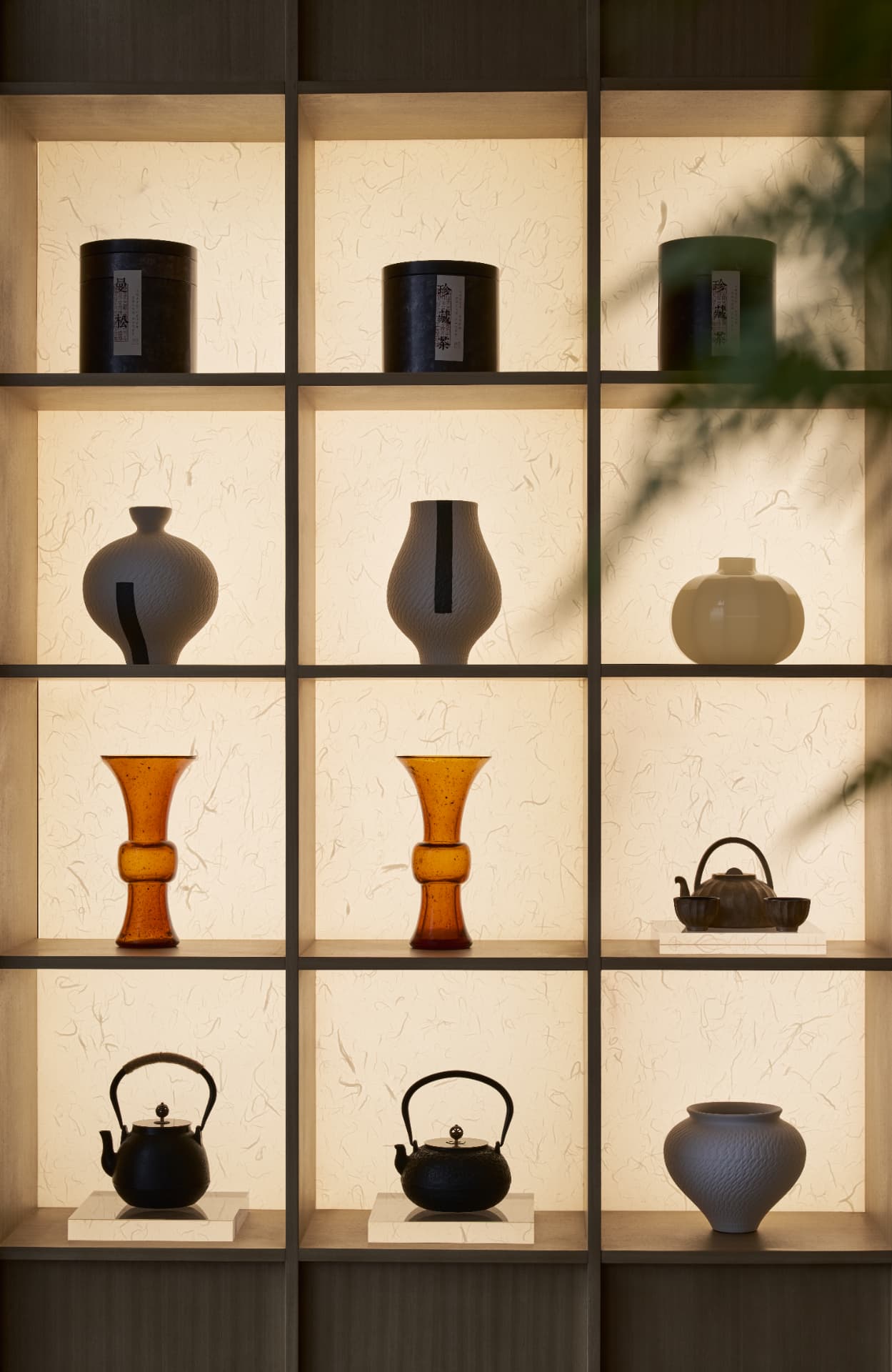 No.1 Shennan Road — China: No.1 Shennan Road, Shenzhen — backlit display shelving with ceramics and tea ware