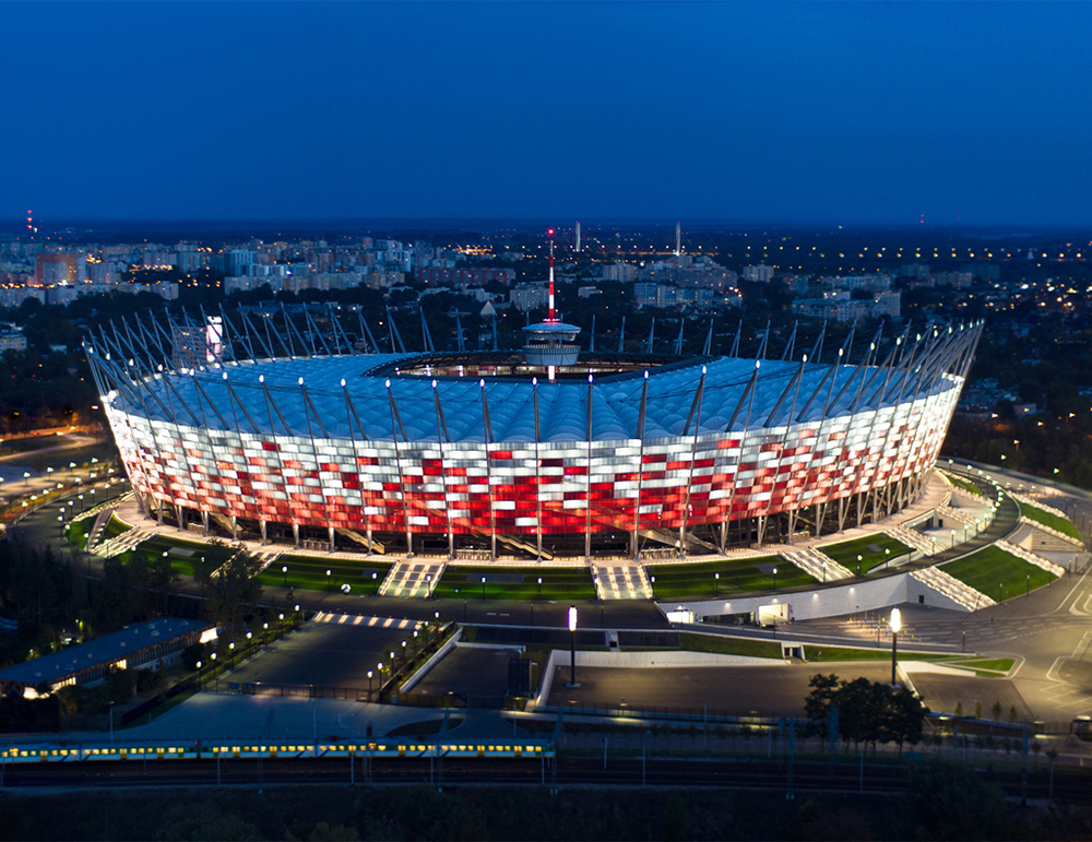 National Stadium Warsaw — Warsaw, Poland: architectural lighting design by Lichtvision (architecture by gmp Architekten)