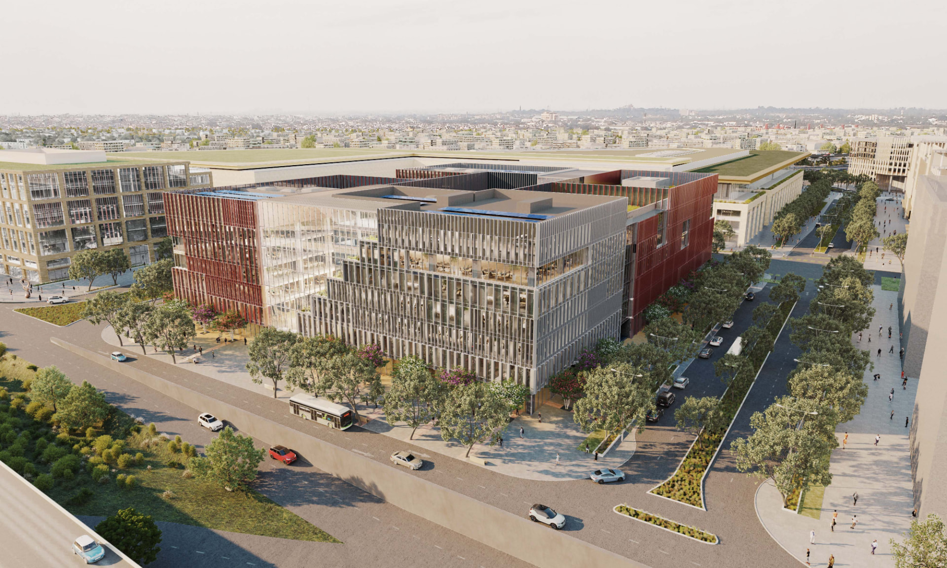 Gateway District Offices, Aerocity — New Delhi, India: Gateway District Offices, Aerocity Delhi — aerial view of the block and biophilic courtyard