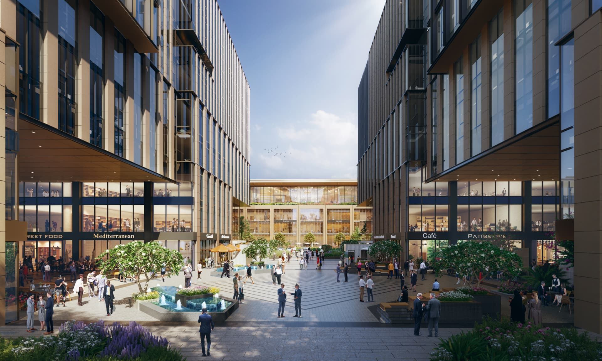 Gateway District Offices, Aerocity — New Delhi, India: Gateway District Offices, Aerocity Delhi — courtyard plaza with retail frontages
